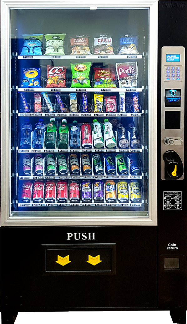 A vending machine filled with various snacks and drinks, featuring a keypad and payment options on the right side.